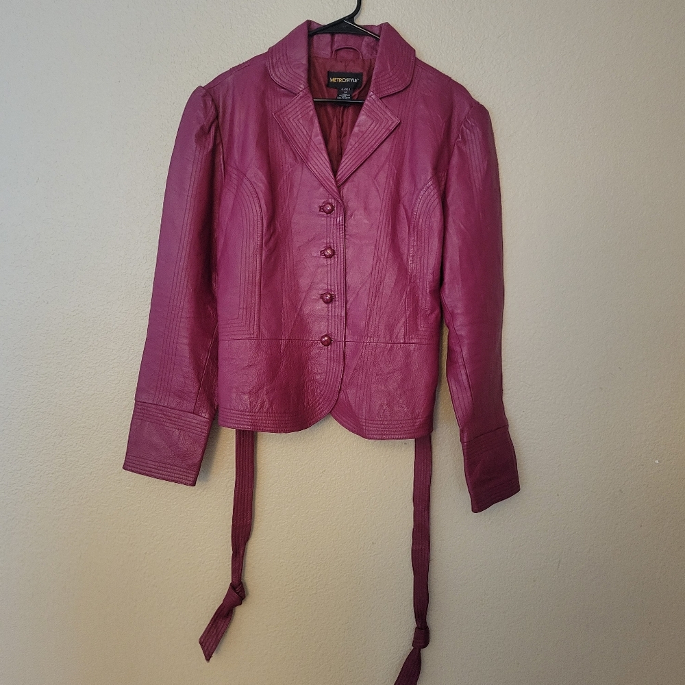 Metro Style Leather Jacket with Tie Coat Style